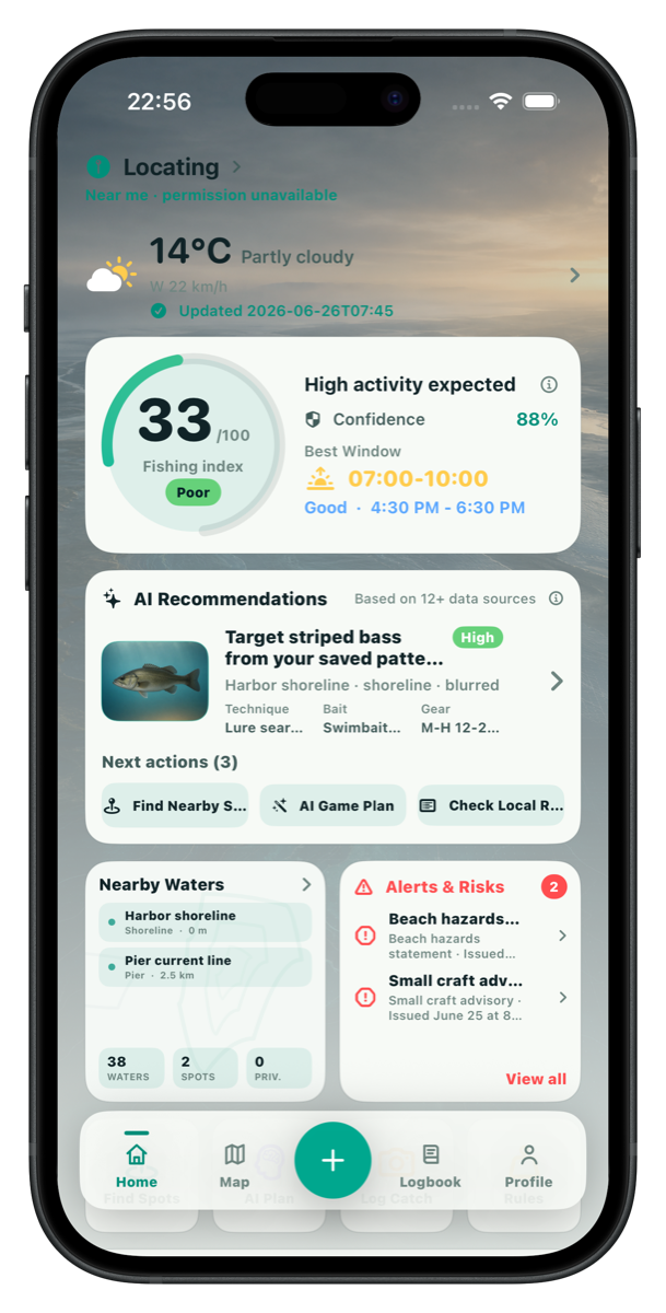 Wavik app home screen inside a black iPhone mockup with fishing index, weather, nearby waters, alerts, and AI recommendations