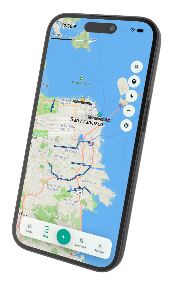 Wavik map screen inside a black iPhone mockup showing San Francisco waters
