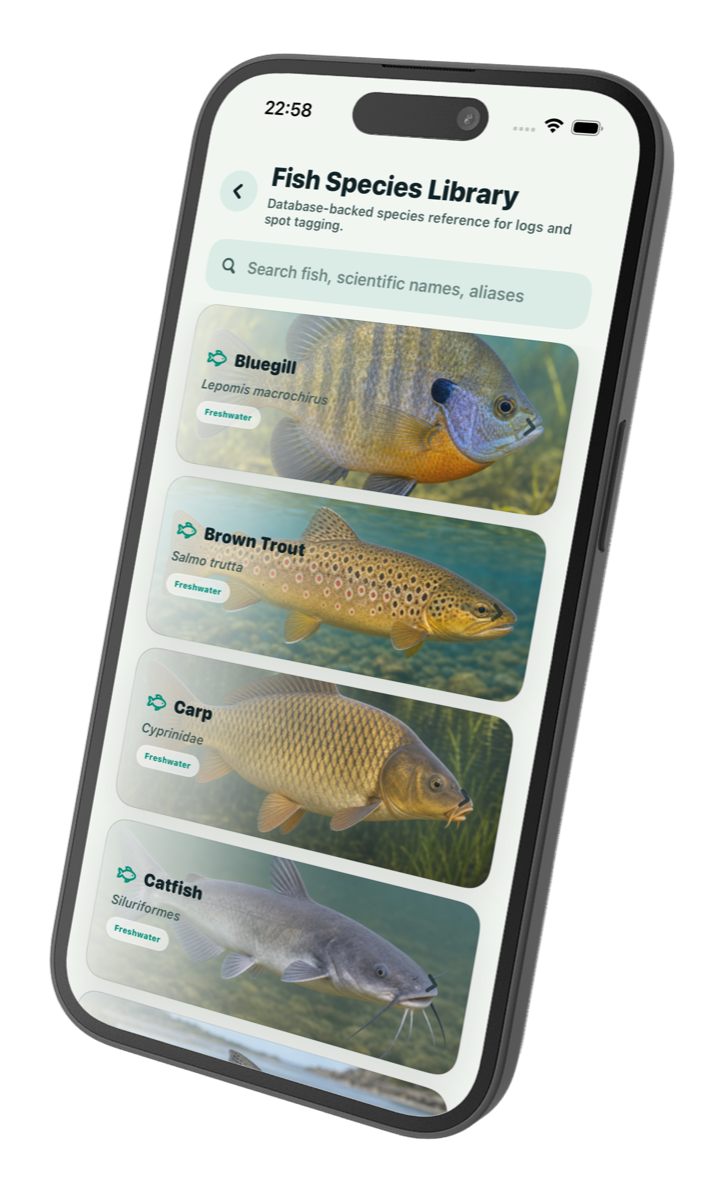 Wavik fish species library screen inside a black iPhone mockup