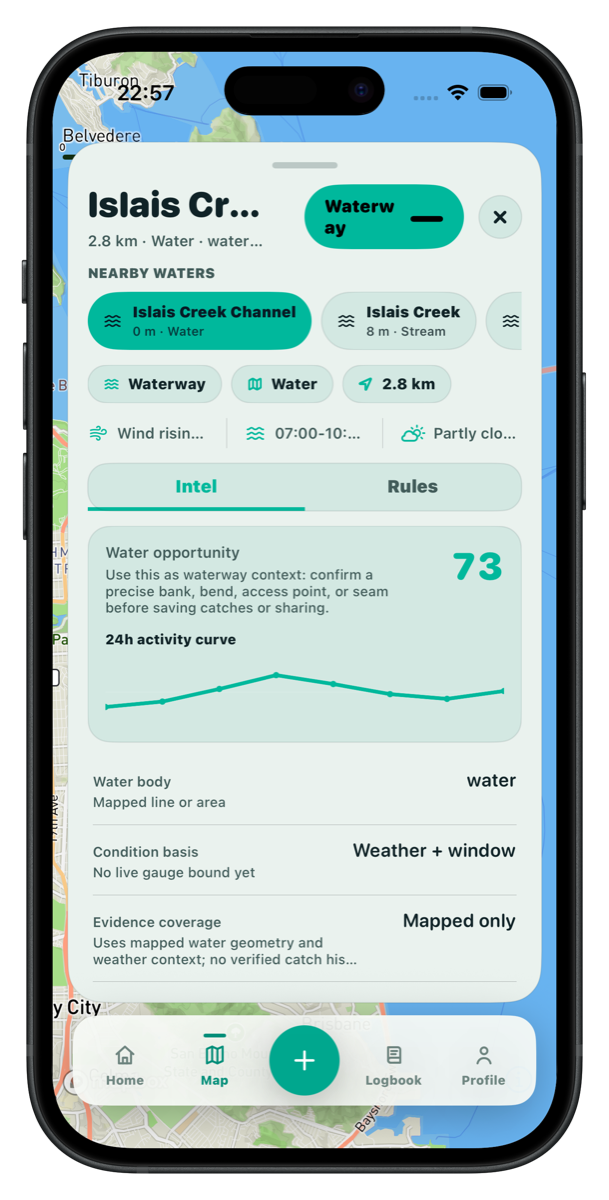 Wavik water detail screen inside a black iPhone mockup