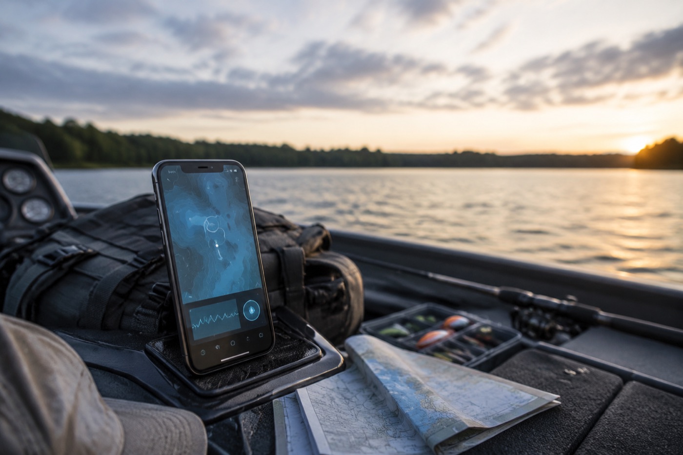 Fishing trip planning scene with a phone showing map and condition intelligence on a boat