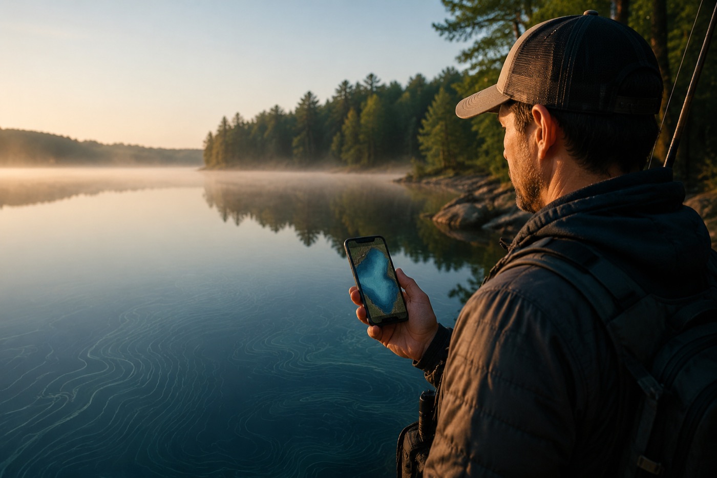 Angler checking water intelligence on a phone beside a quiet lake